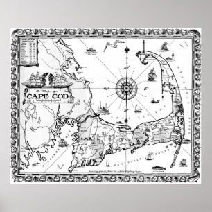 Pôster Vintage Map of Cape Cod BW