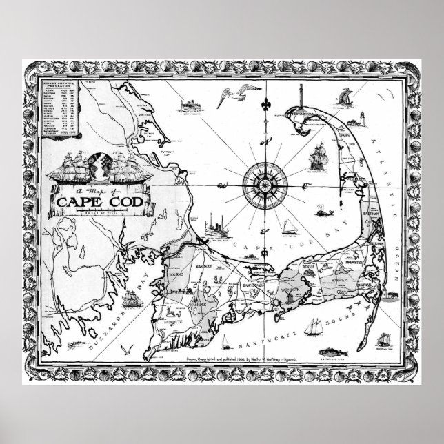 Pôster Vintage Map of Cape Cod BW (Frente)
