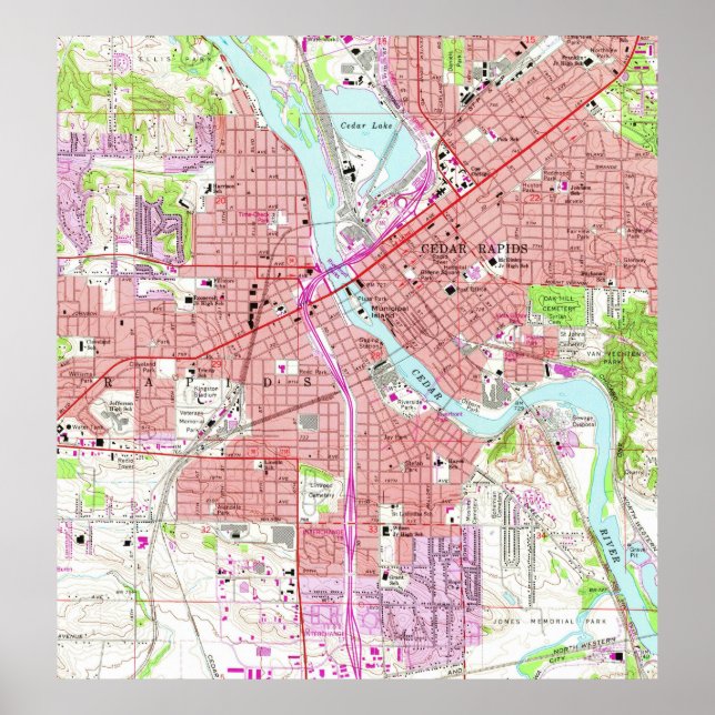 Poster Vintage Map of Cedar Rapids Iowa (1967) (Frente)