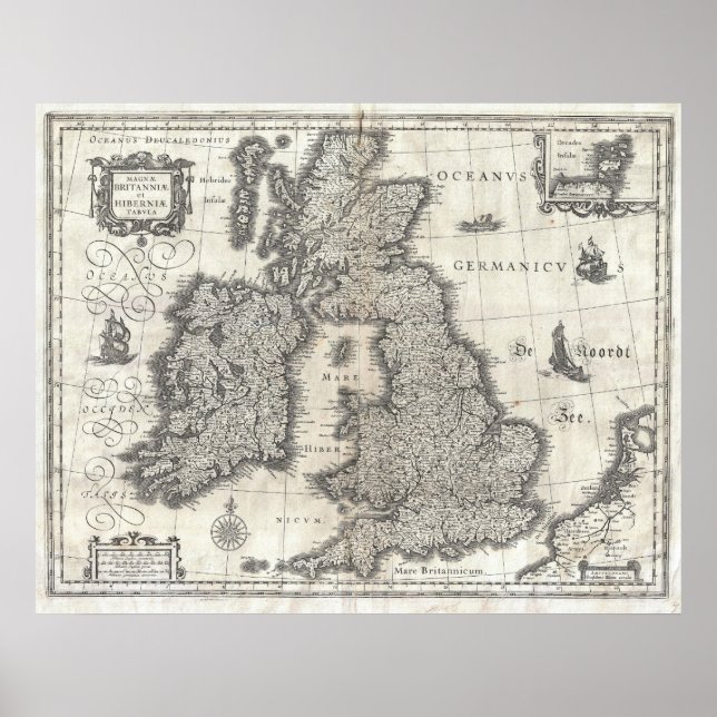 Poster Vintage Map of England and Ireland (1631) (Frente)