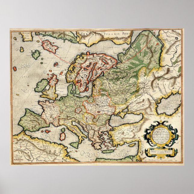 Pôster Vintage Map of Europe (1596) (Frente)
