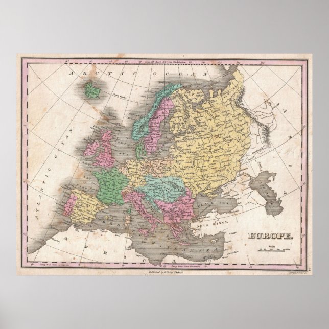 Pôster Vintage Map of Europe (1827) (Frente)