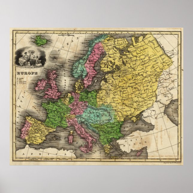 Poster Vintage Map of Europe (1842) (Frente)
