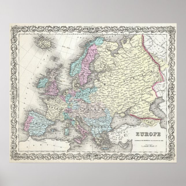 Pôster Vintage Map of Europe (1855) (Frente)