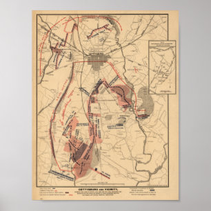 Poster Vintage Map of Gettysburg and Vichood, julho de 18