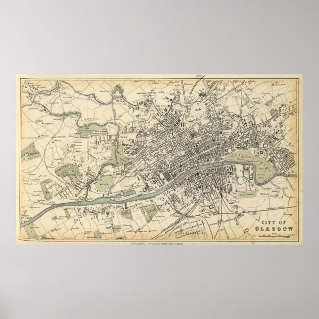Poster Vintage Map of Glasgow Scotland (1872) (Frente)