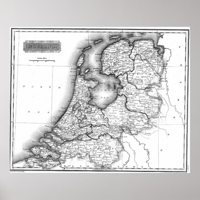 Poster Vintage Map of Holland (1817) BW (Frente)