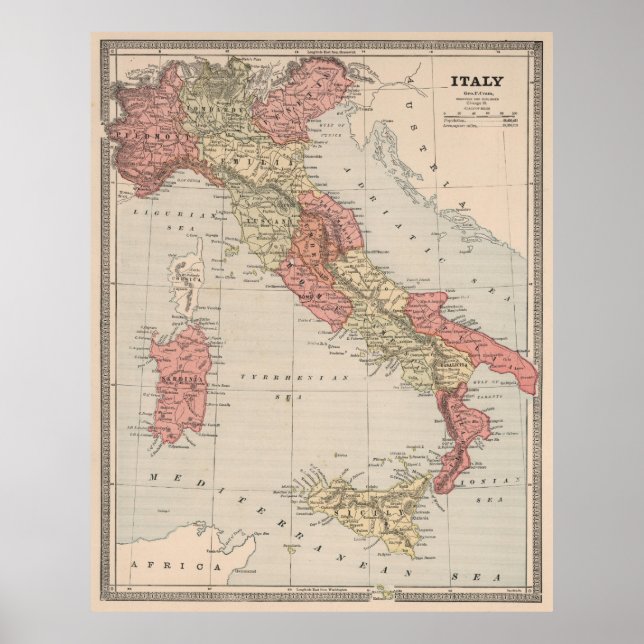Pôster Vintage Map of Italy (1883) (Frente)