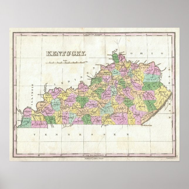 Pôster Vintage Map of Kentucky (1827) (Frente)