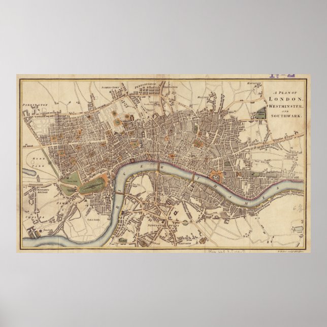Pôster Vintage Map of London England (1807) (Frente)