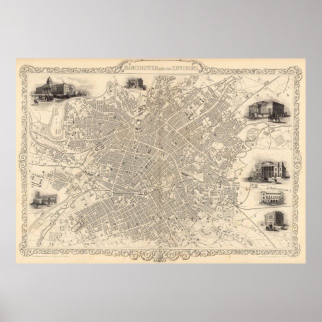 Poster Vintage Map of Manchester England (1851) (Frente)