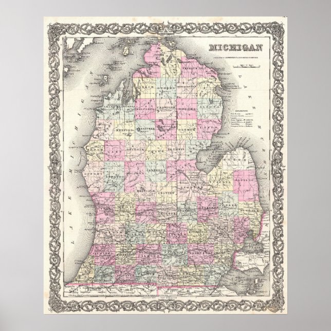 Pôster Vintage Map of Michigan (1855) (Frente)