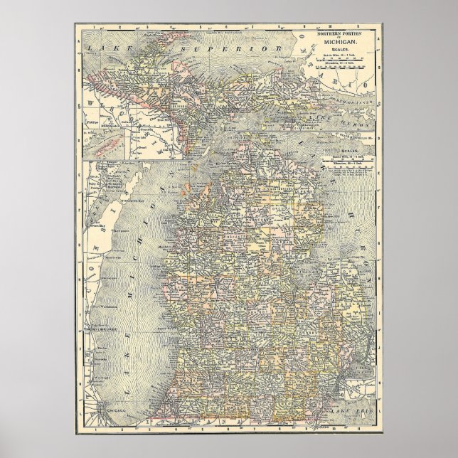 Pôster Vintage Map of Michigan (1901) (Frente)