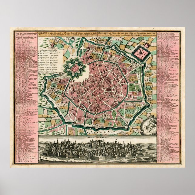 Poster Vintage Map of Milan Italy (1730) (Frente)
