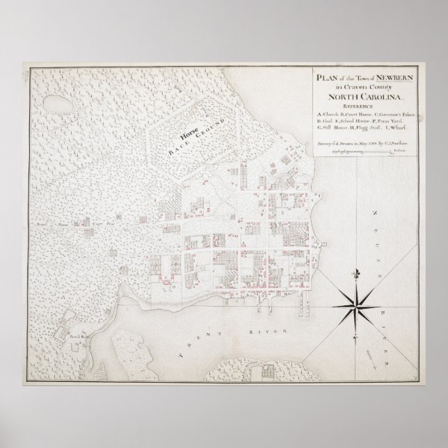 Poster Vintage Map of New Bern NC (1769) (Frente)