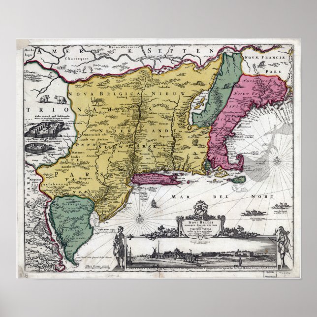Pôster Vintage Map of New England (Frente)