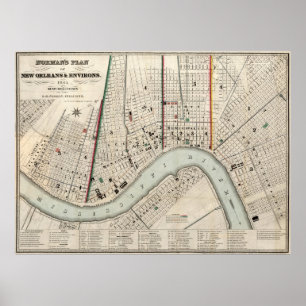 Pôster Vintage Map of New Orleans Louisiana (1845)