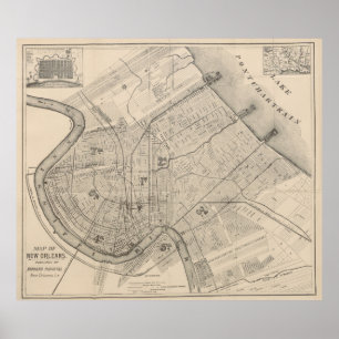 Poster Vintage Map of New Orleans Louisiana (1885)