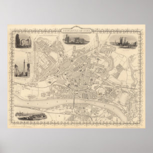 Poster Vintage Map of Newcastle England (1851)