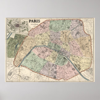 Poster Vintage Map of Paris France 1878