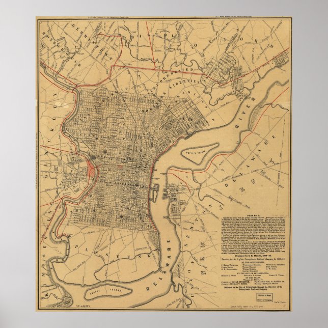 Pôster Vintage Map of Philadelphia Pennsylvania (1857) (Frente)