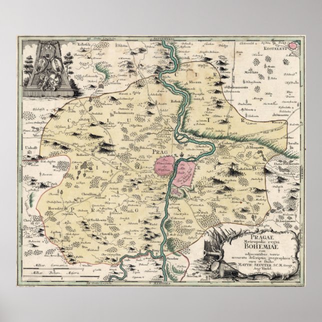 Poster Vintage Map of Prague & Surrounding Area (1740) (Frente)