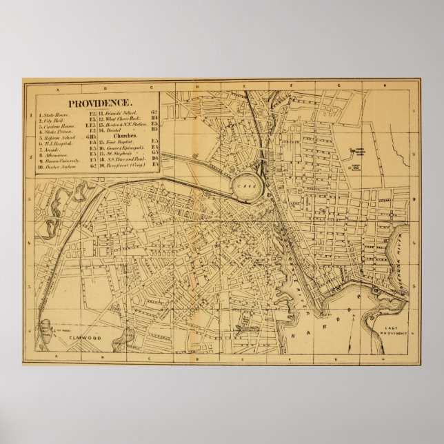Poster Vintage Map of Providence RI (1880) (Frente)