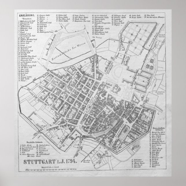 Poster Vintage Map of Stuttgart Alemanha (1794) (Frente)