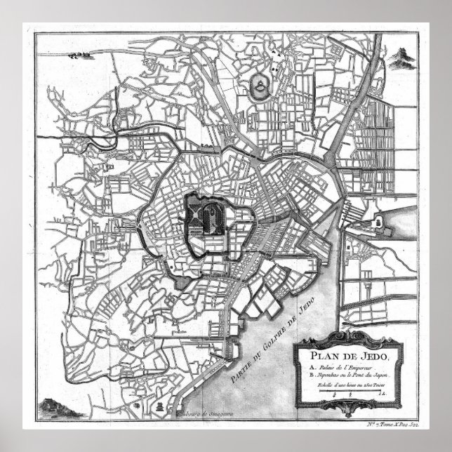 Poster Vintage Map of Tokyo Japan (1752) BW (Frente)