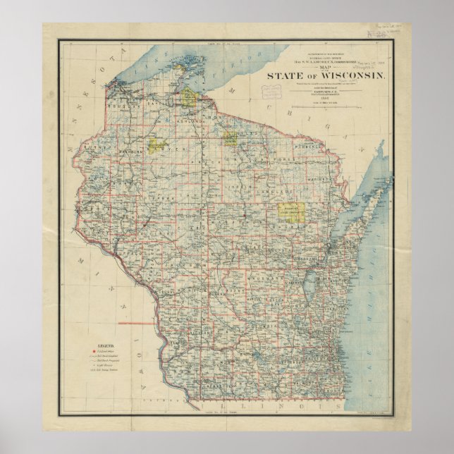 Pôster Vintage Map of Wisconsin (1895) (Frente)