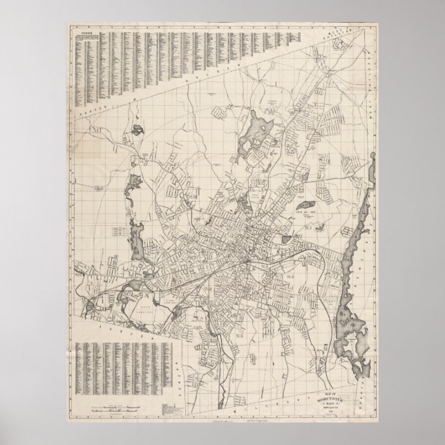 Pôster Vintage Map of Worcester Massachusetts (1919) (Frente)