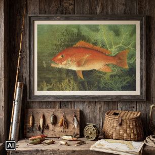 Poster Vintage Marine Life, Red Snapper Fish no Oceano
