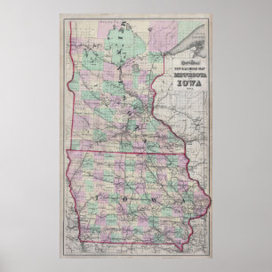 Pôster Vintage Minnesota & Iowa Railroad Map (1873)