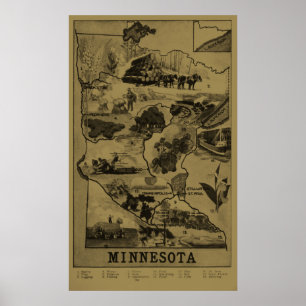 Poster Vintage Minnesota Mapa ilustrativo (1921) - Tan