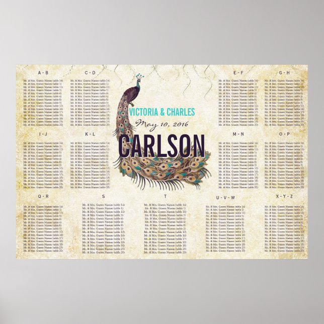 Poster Vintage Modern Peacock Seating Chart (Frente)