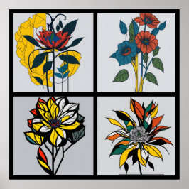Poster vintage mondrian flowers 4/4 all in one