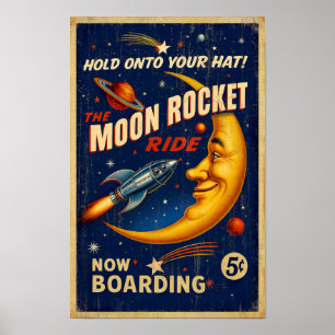 Poster vintage Moon Rocket Ride - retrô sci-fi