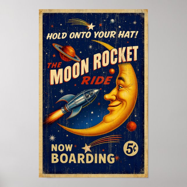 Poster vintage Moon Rocket Ride - retrô sci-fi (Frente)