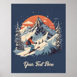 Poster Vintage Mountain Pine Skiing Laranja Sunset
