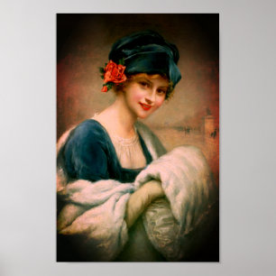Poster Vintage mulher em pele de mão muff retrato de inv