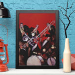 Poster Vintage Music, Art Deco Musical Jazz Banda Jamming<br><div class="desc">Ilustração Vintage com design de arte apresentando uma imagem musical com uma banda de músicos tocando trombones,  tambores,  saxofone e outros instrumentos enquanto o vocalista está segurando um microfone.</div>