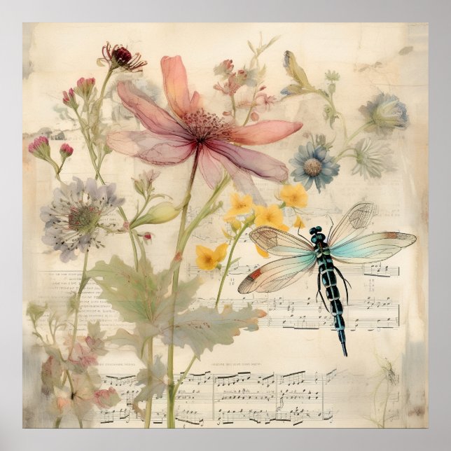 Poster Vintage Music French Floral Dragonfly Art (Frente)