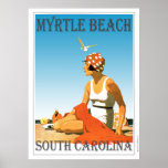 Pôster Vintage Myrtle Beach<br><div class="desc">Um poster retrô que nunca foi até agora. Um refazer criativo de um velho poster que deveria ter sido. Myrtle Beach no estilo retrô da era da arte deco. Cor brilhante com uma mulher na praia sob um céu azul.</div>