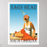 Poster Vintage Nags Head North Carolina Beach<br><div class="desc">Um poster retrô que nunca foi até agora. Um refazer criativo de um velho poster que deveria ter sido. Nags Head Beach no estilo retrô da era da arte deco. Cor brilhante com uma mulher na praia sob um céu azul.</div>