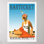 Poster Vintage Nantucket na Praia<br><div class="desc">Um poster retrô que nunca foi até agora. Um refazer criativo de um velho poster que deveria ter sido. Nantucket Beach no estilo retrô da era da arte deco. Cor brilhante com uma mulher na praia sob um céu azul.</div>