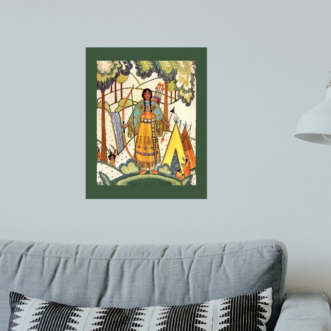 Poster Vintage Native American Woman Village Forest (Native American woman in woods bow arrow yellow teepee on dark green wall art poster.)