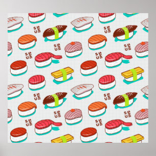 Poster Vintage nigiri sushi, padrão de rabisco