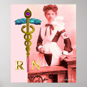 Poster VINTAGE NURSE e Dourado Caduceus NR Emblem
