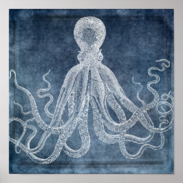 Poster Vintage Octopus Twilight Blue Denim Watercolor