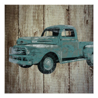 Pôster Vintage Old Truck on Barn Wood Rusall Poster